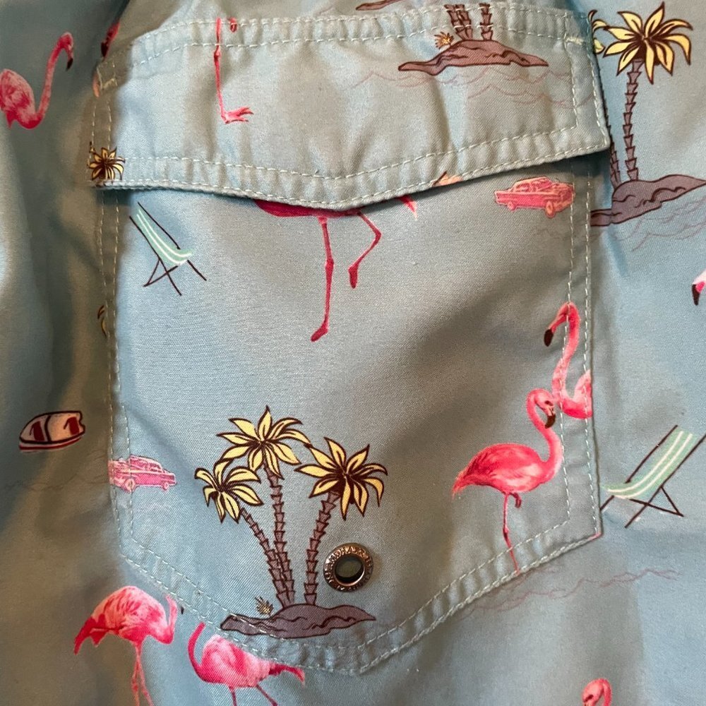 Blue Beachy Flamingo Palm Tree Boat Swimming Trunks With Back Pocket B1 - Picture 3 of 4